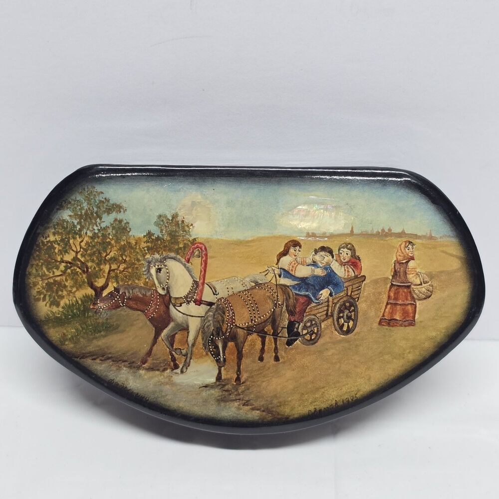 Vintage 90s Fedoskino Russian Lacquer Handpainted Box Summertime In Village